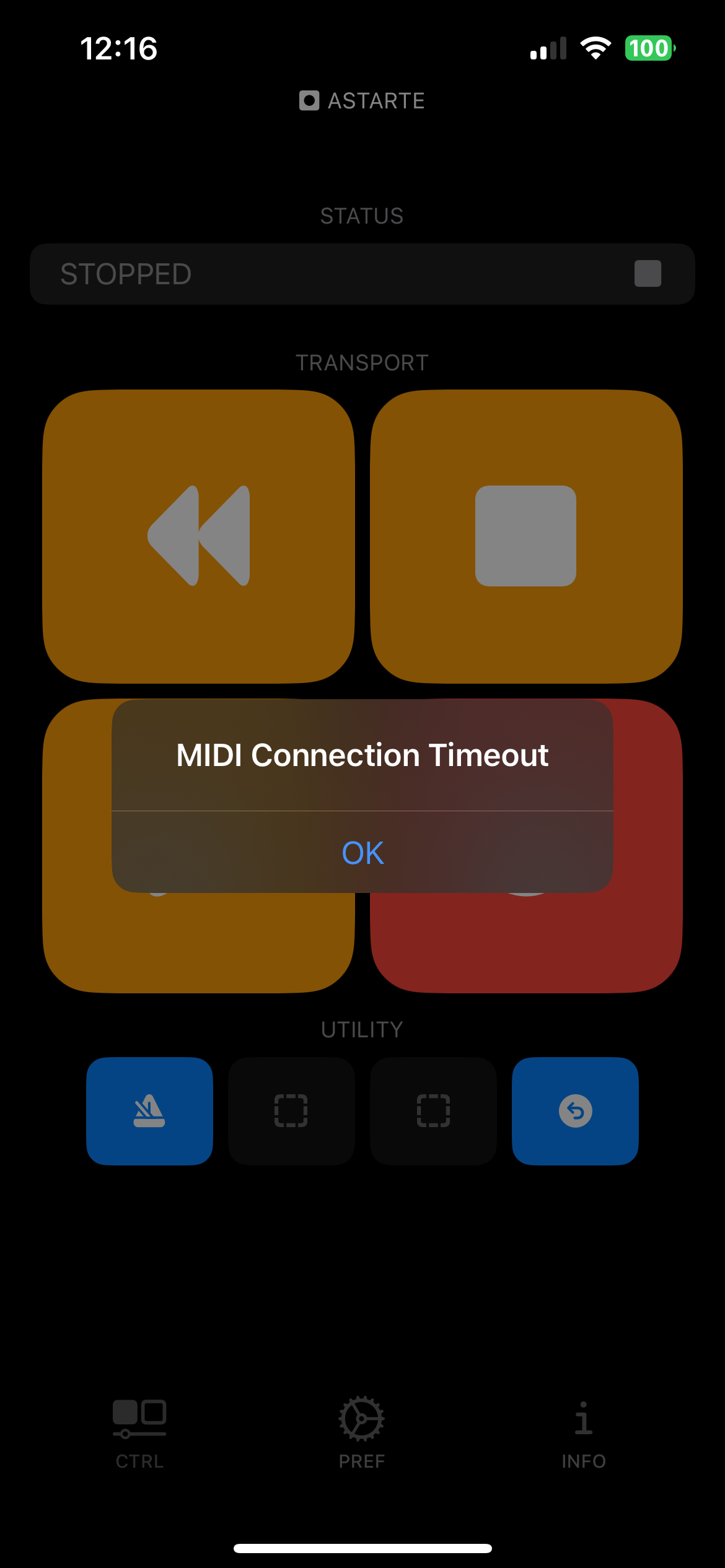 Example of a MIDI timeout in the Astarte app