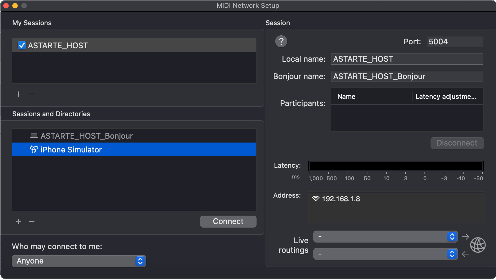 MIDI Network Connections window