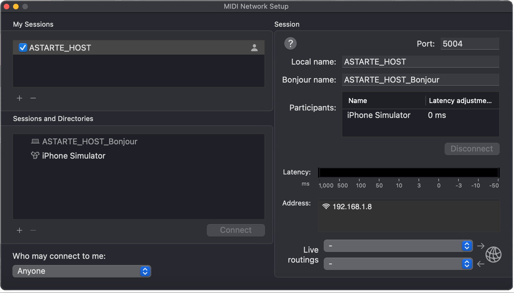 MIDI Network Connections window